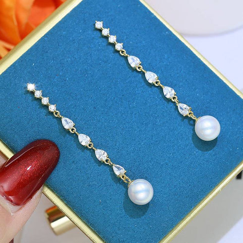 10-11mm Freshwater Pearl & Sparkling Long Freshwater Pearl Earrings - House Of Pearls